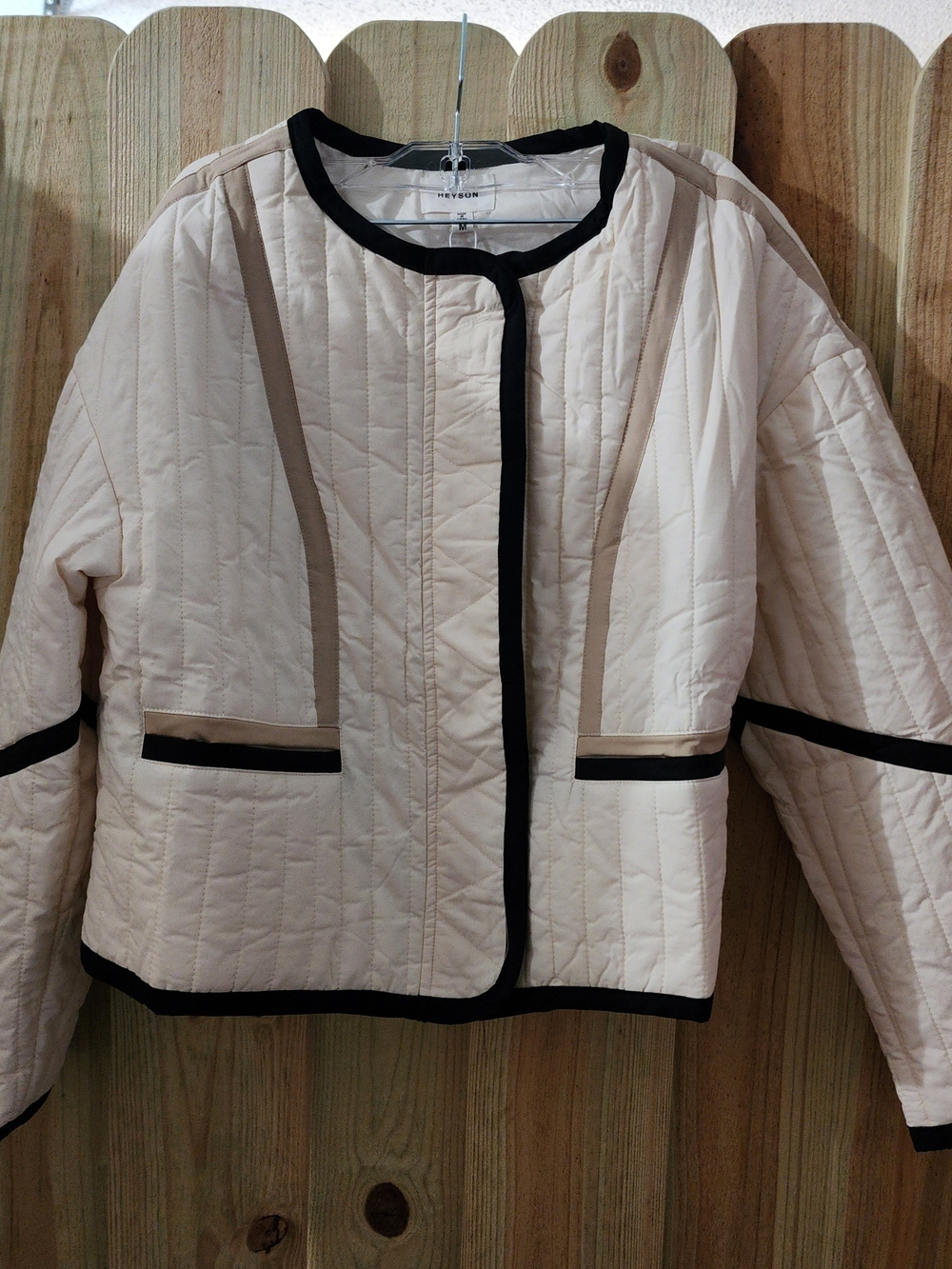 Boxy Cream Quilted Jacket with Black/Tan Trim by HEYSON. NWT